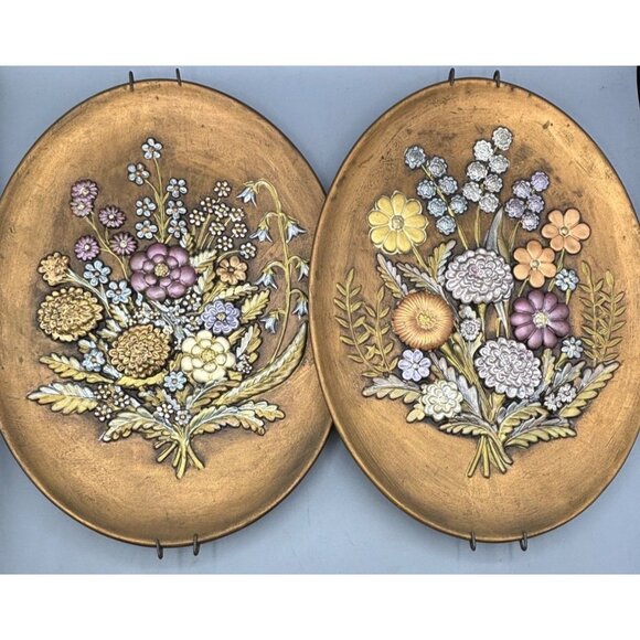 Vtg 70s Oval Floral Wall Plaques Set Of 2 Hand-Painted 3D Relief Art Gold - Picture 1 of 6